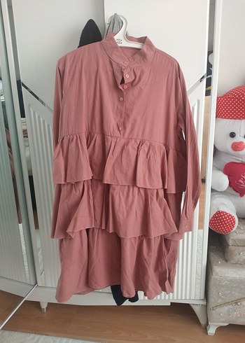Pembe Fırfırlı Midi Keten Tunik