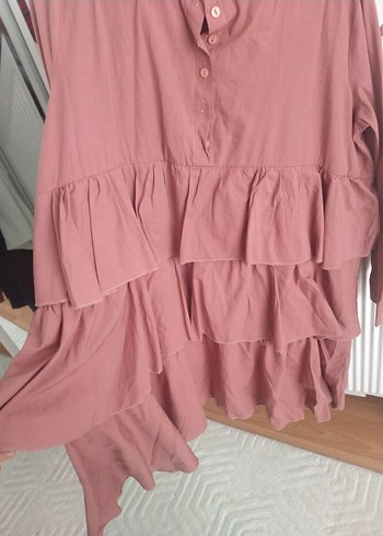 42 Beden pembe Renk Pembe Fırfırlı Midi Keten Tunik