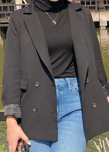 Düğmeli Siyah Denim Kadın Blazer
