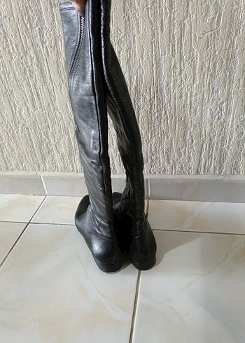 Deri Siyah Dizüstü Topuklu Çizme - Görsel 10