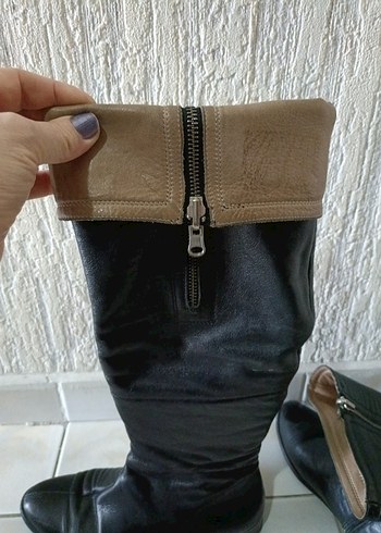 Deri Siyah Dizüstü Topuklu Çizme - Görsel 8