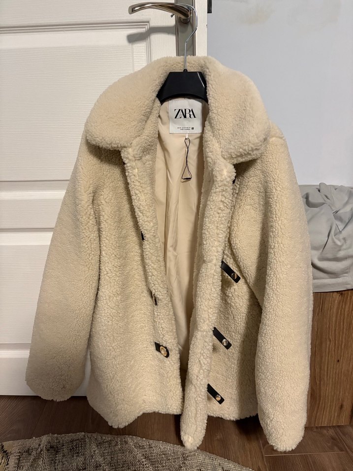 Bej Kadın Midi Boy Peluş Kaban - Görsel 5