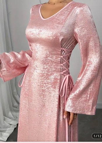 American Retro Pembe Parlak V Yakalı Uzun Kollu Kadın Elbise