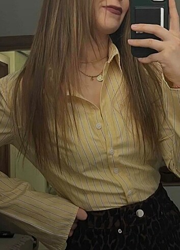 l Beden sarı Renk Gömlek #Çizgili gömlek #Sarı gömlek #Bershma gömlek 