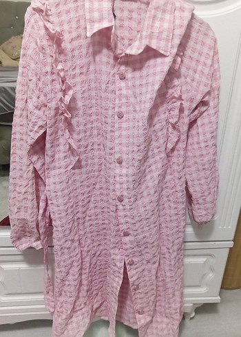 Pembe Uzun Kollu Fırfırlı Keten Gömlek - Görsel 3