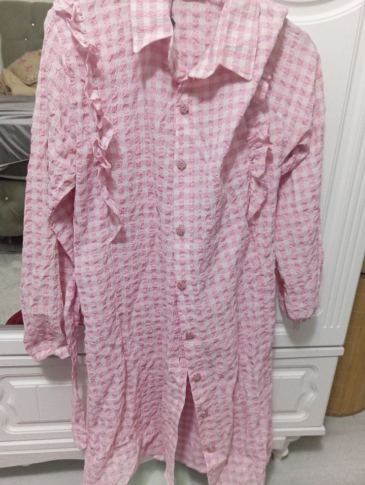 Pembe Uzun Kollu Fırfırlı Keten Gömlek - Görsel 3