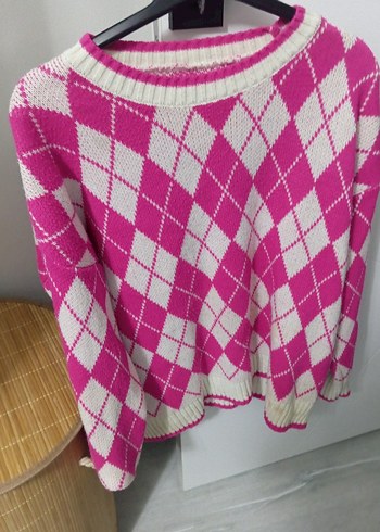 Pembe Ekose Desenli Kadın Triko Kazak - Görsel 3