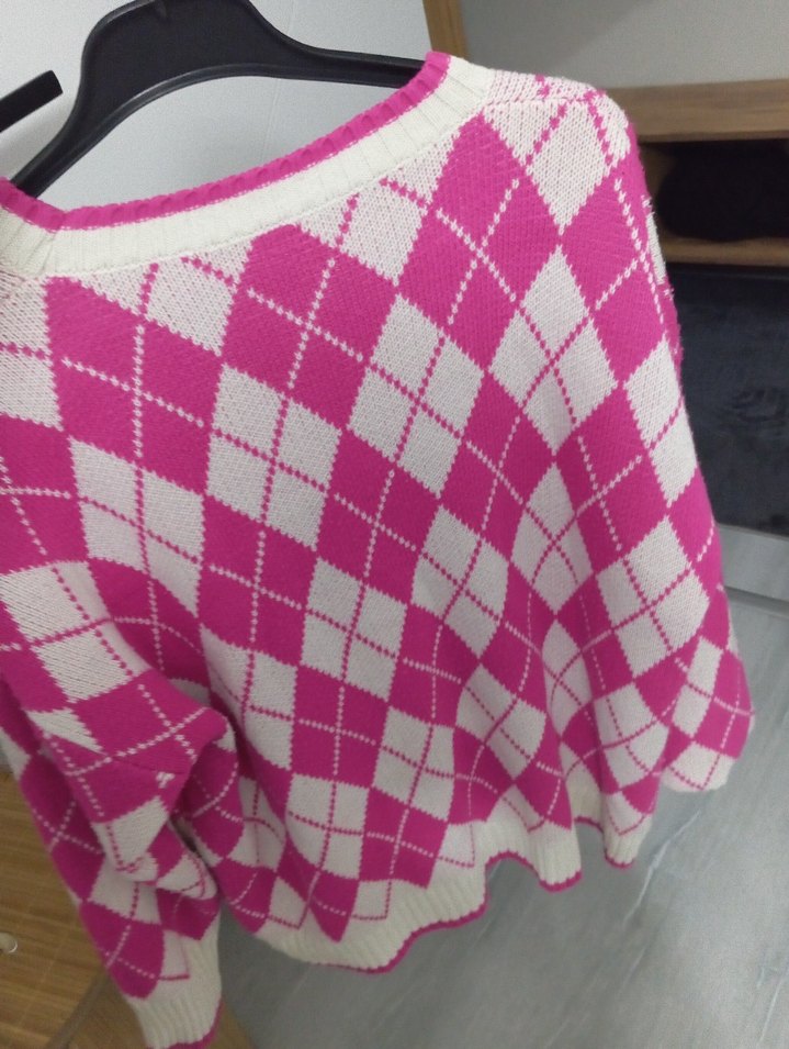 Pembe Ekose Desenli Kadın Triko Kazak - Görsel 2