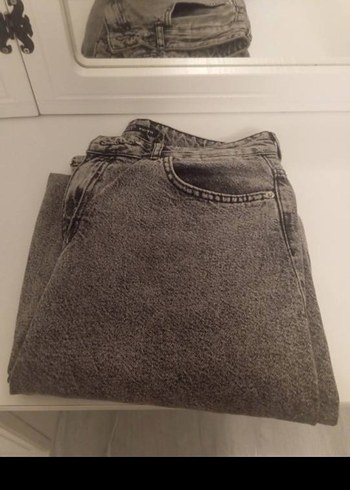 Düğmeli Gri Bol Kesim Kadın Denim Pantolon - Görsel 2