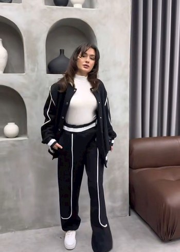 Siyah Kemerli Uzun Kollu Kadın Eşofman Takımı - Görsel 2