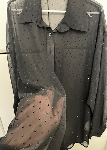 Düğmeli Siyah Transparan Uzun Kollu Gömlek - Görsel 2