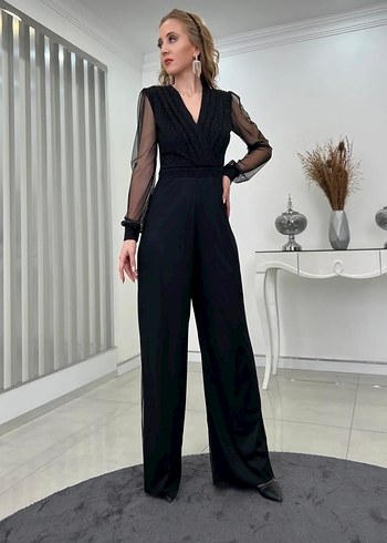 Siyah Uzun Kollu Drapeli Kadın Tulum - Görsel 2