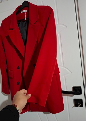 Düğmeli Kırmızı Kadın Midi Blazer - Görsel 2