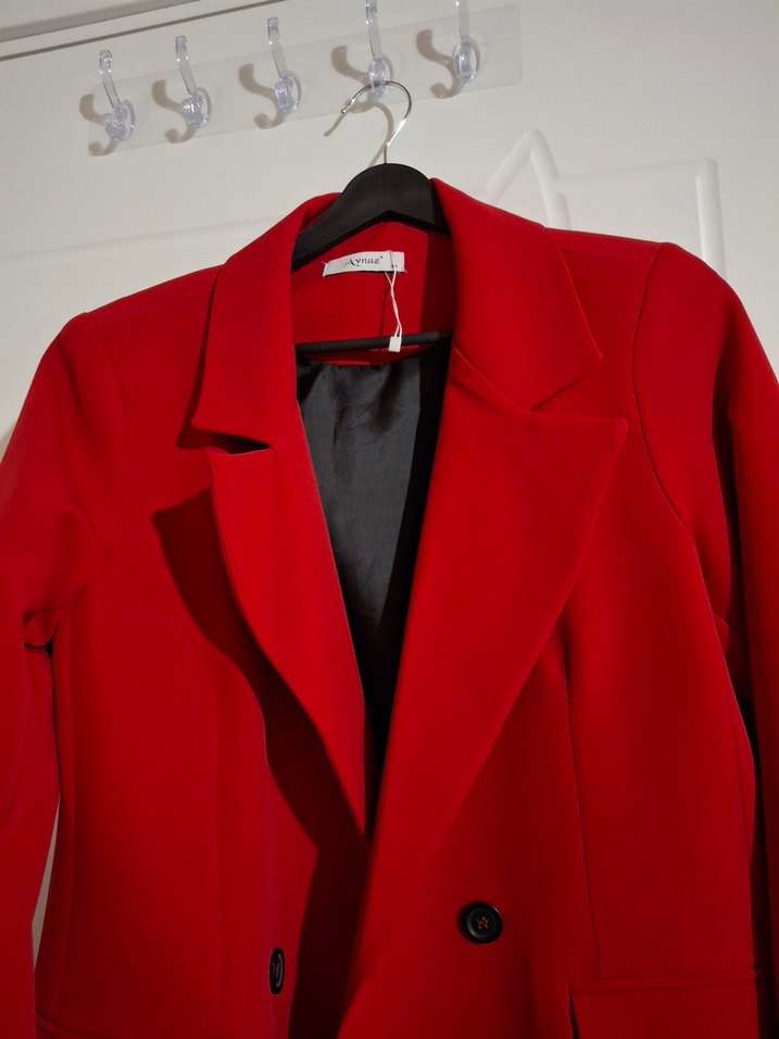 Düğmeli Kırmızı Kadın Midi Blazer - Görsel 3