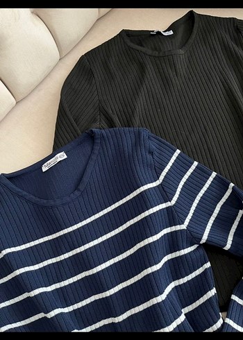 Mavi Çizgili Uzun Kollu Örgü Kadın Kazak - Görsel 2