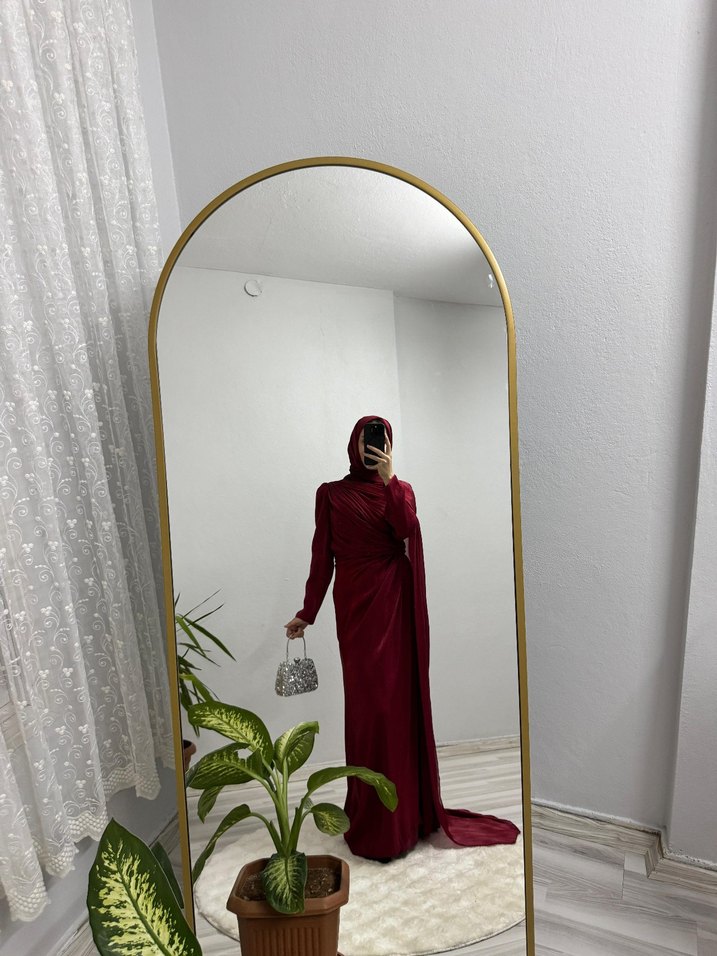 Bordo Drapeli Uzun Kadın Elbise - Görsel 4