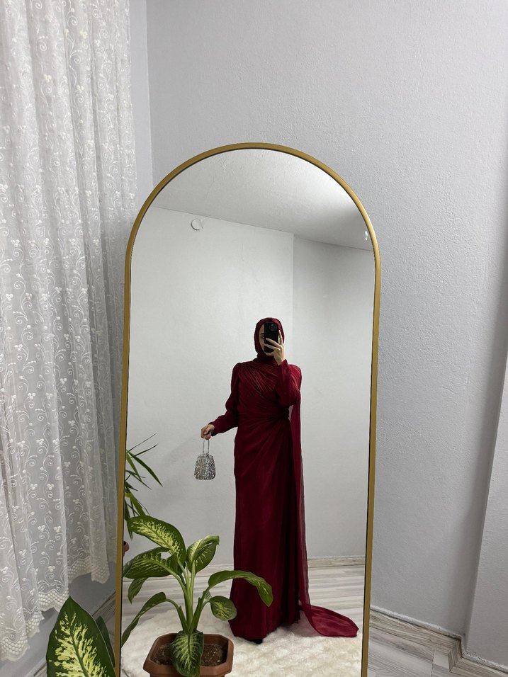 Bordo Drapeli Uzun Kadın Elbise - Görsel 3