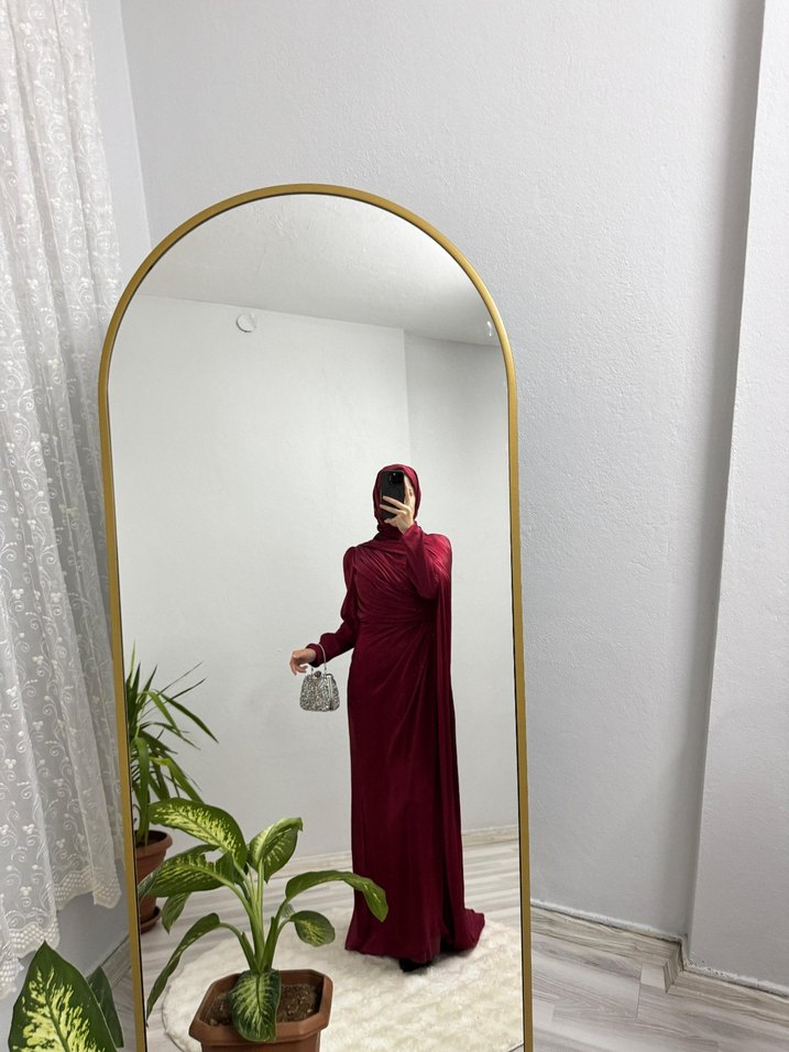 Bordo Drapeli Uzun Kadın Elbise - Görsel 2