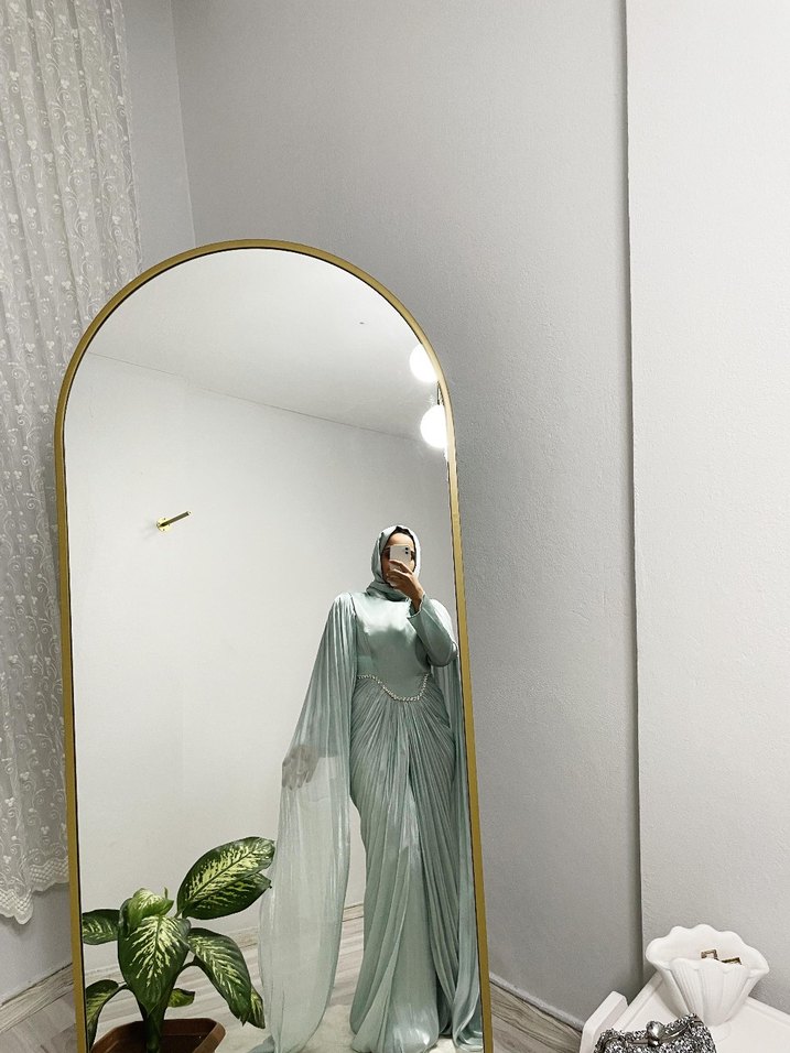 Uzun Kollu Turkuaz Drapeli Abiye Elbise - Görsel 2