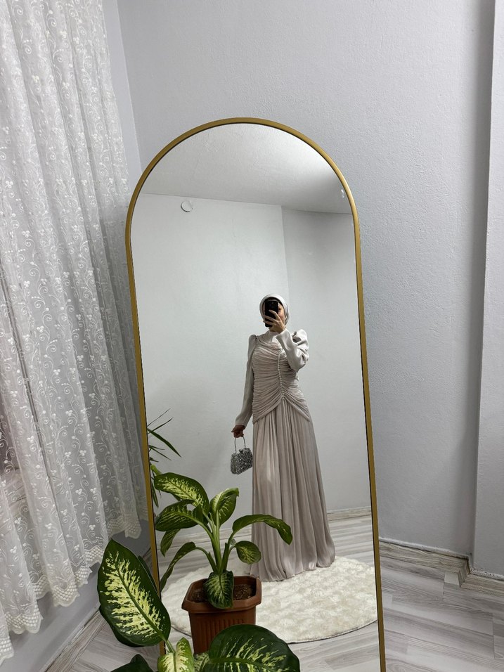 Beyaz Uzun Drapeli Abiye Elbise - Görsel 3