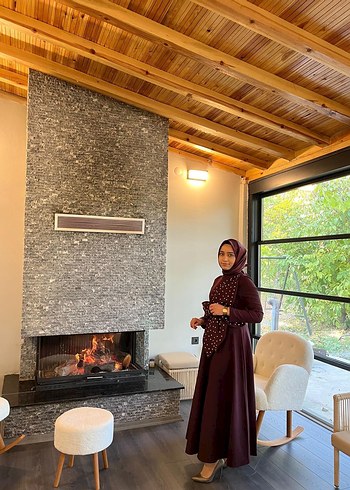 Bordo Uzun Kol Puantiyeli Drapeli Elbise - Görsel 4