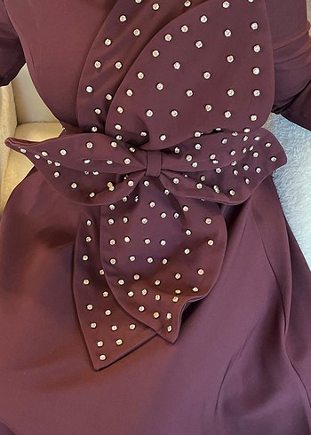 Bordo Uzun Kol Puantiyeli Drapeli Elbise - Görsel 6