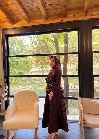 Bordo Uzun Kol Puantiyeli Drapeli Elbise - Görsel 5