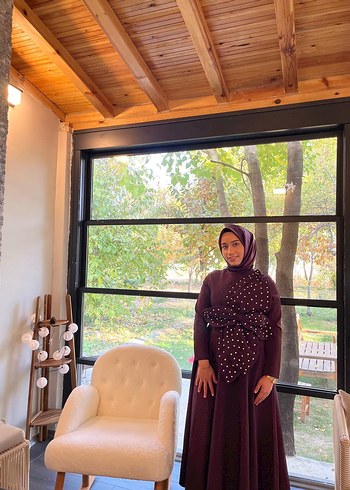 Bordo Uzun Kol Puantiyeli Drapeli Elbise - Görsel 9