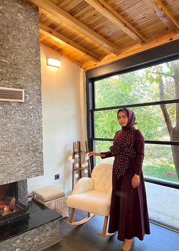 Bordo Uzun Kol Puantiyeli Drapeli Elbise - Görsel 7