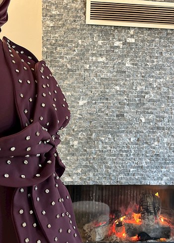 Bordo Uzun Kol Puantiyeli Drapeli Elbise - Görsel 8