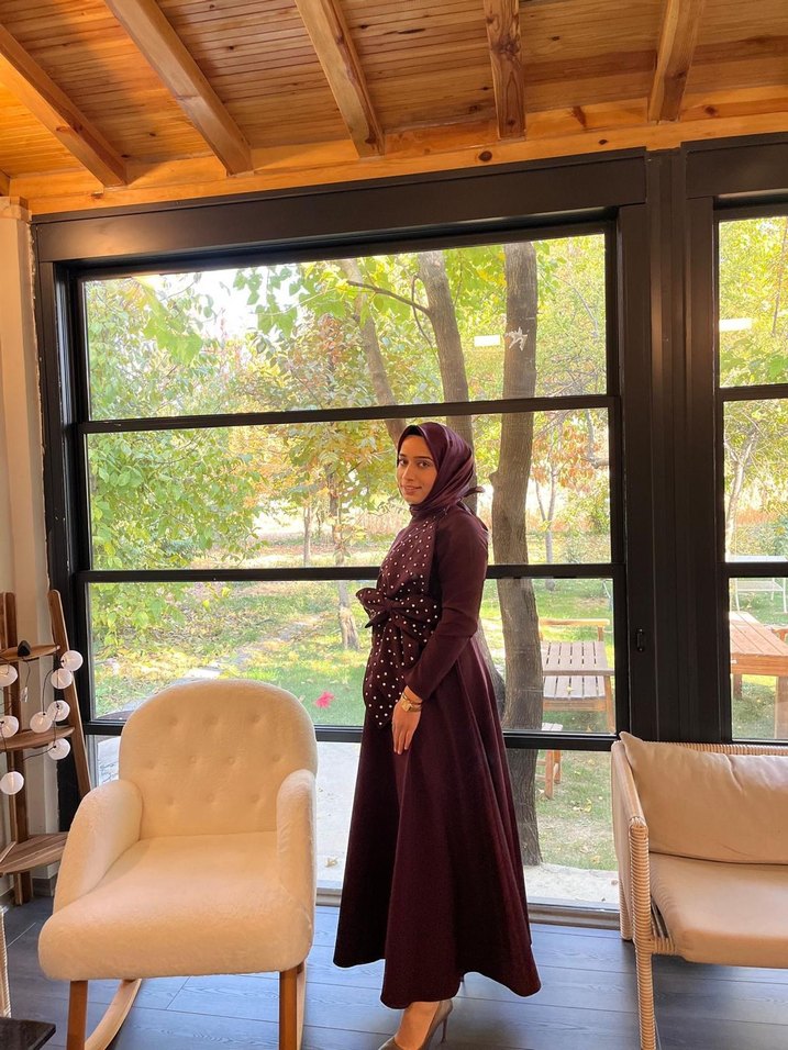 Bordo Uzun Kol Puantiyeli Drapeli Elbise - Görsel 5