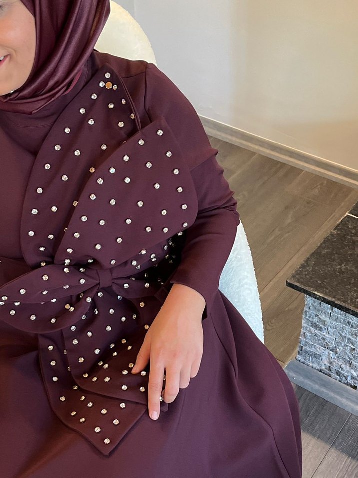 Bordo Uzun Kol Puantiyeli Drapeli Elbise - Görsel 3
