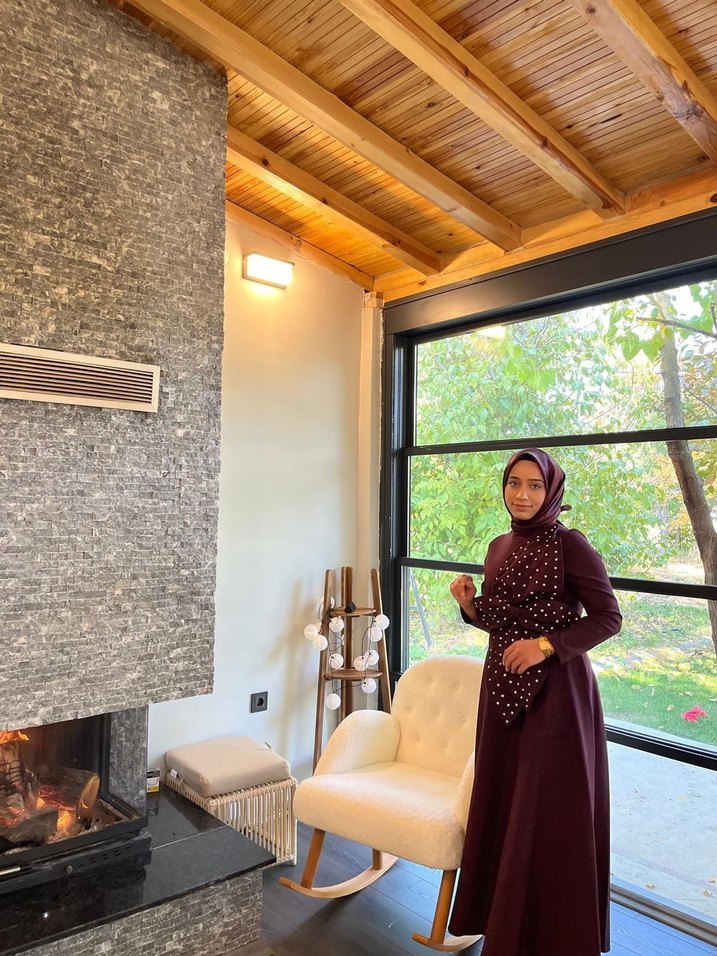 Bordo Uzun Kol Puantiyeli Drapeli Elbise - Görsel 2