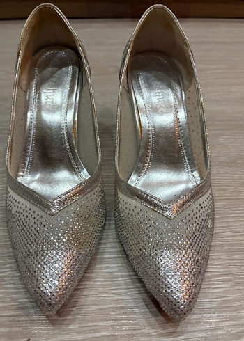 Gri Yılan Desenli Payetli Stiletto Topuklu Kadın Ayakkabı - Görsel 2