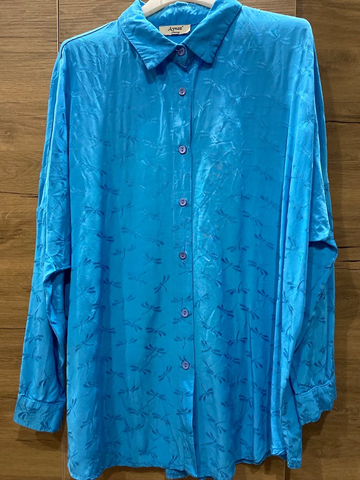 Saten Mavi Uzun Kollu Düğmeli Gömlek - Görsel 4