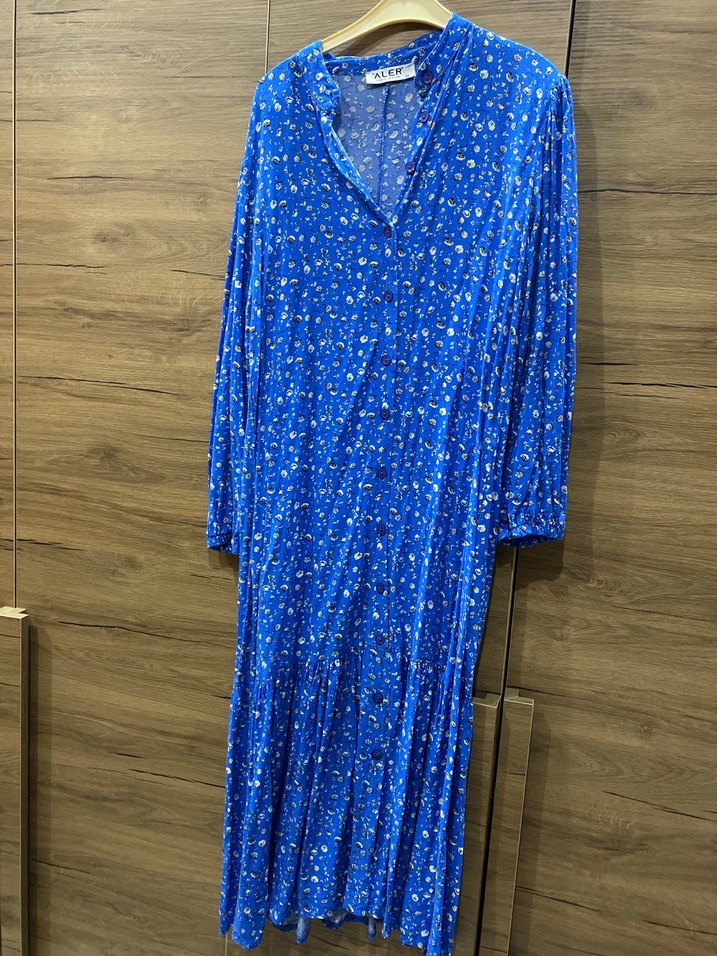 Mavi Piliseli Uzun Kollu Bohem Elbise - Görsel 4