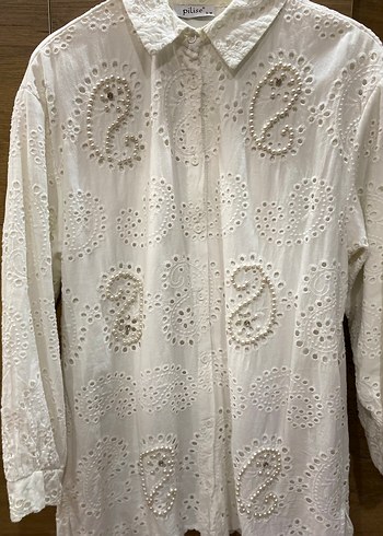 Düğmeli Beyaz İnci Detaylı Nakışlı Gömlek Tunik - Görsel 2