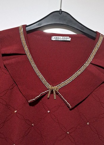 Bordo Triko Kadın Bluz, Uzun Kollu, Yakalı - Görsel 2