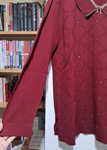 Bordo Triko Kadın Bluz, Uzun Kollu, Yakalı - Görsel 4