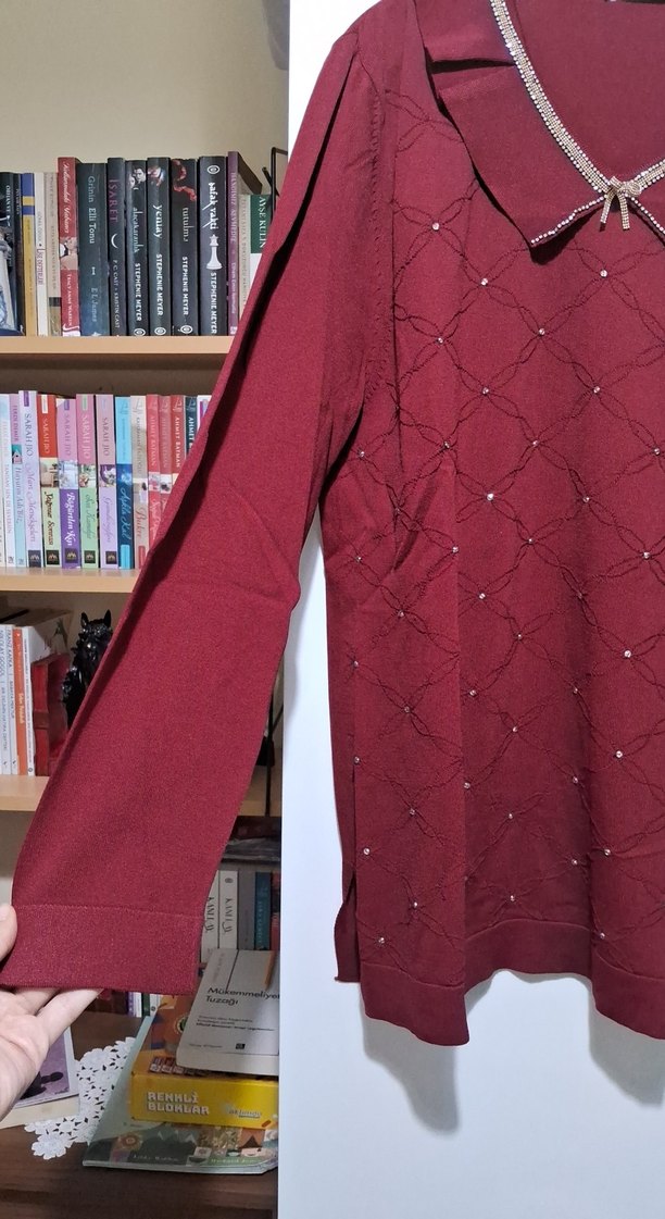 Bordo Triko Kadın Bluz, Uzun Kollu, Yakalı - Görsel 4
