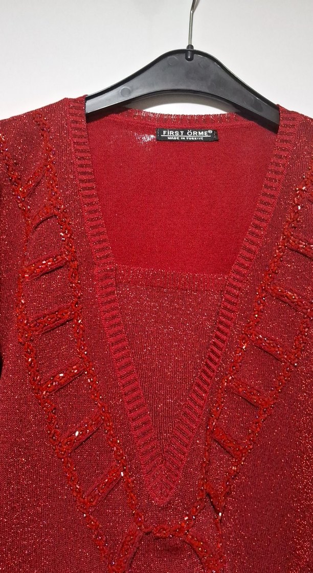 Kadın Kırmızı Parlak Triko Bluz - Görsel 2