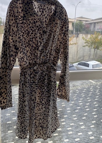 Leopar Desenli Uzun Kol Kahverengi Elbise - Görsel 2