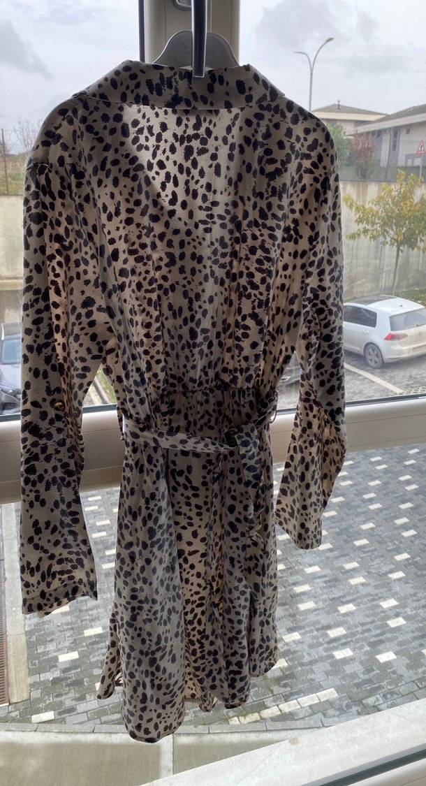 Leopar Desenli Uzun Kol Kahverengi Elbise - Görsel 3