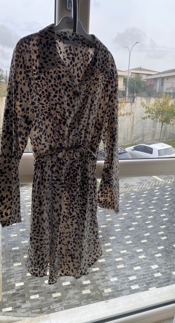 Leopar Desenli Uzun Kol Kahverengi Elbise - Görsel 2