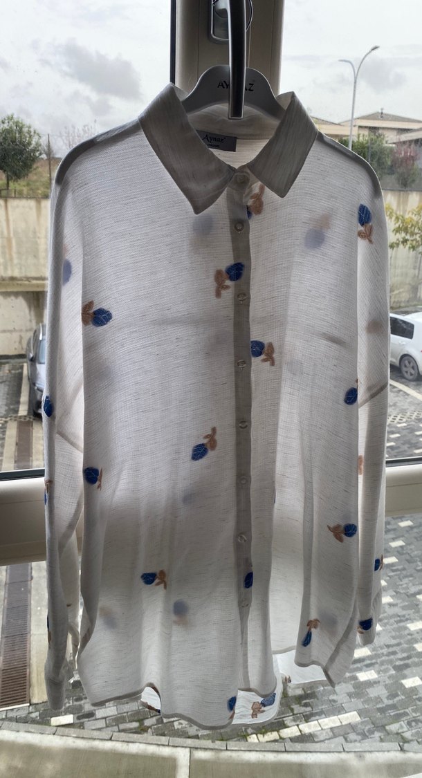 Nakışlı Kısa Kollu Keten Kadın Gömlek - Görsel 2