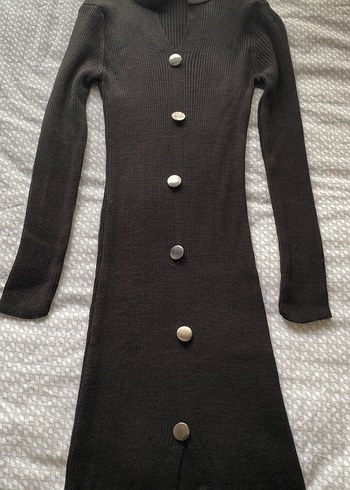 Düğmeli Siyah Uzun Kollu Triko Elbise - Görsel 2