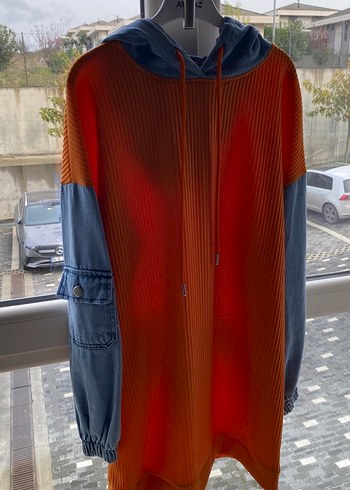 Turuncu Gri Kapüşonlu Kadın Sweatshirt - Görsel 2