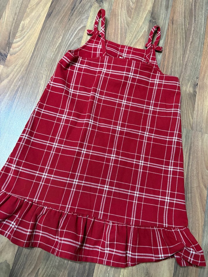 Kareli Kırmızı Askılı Kız Elbise - Görsel 3