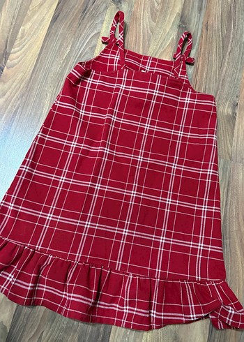 Kız Çocuk Kırmızı Kareli Askılı Elbise - Görsel 3