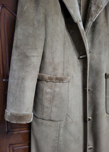 Kürklü Süet Bej Kadın Uzun Kaban - Görsel 4